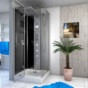 AquaVapore Dampfdusche D38-13L2, 90x90 cm, mit Glasfront und schwarzer Rückwand.