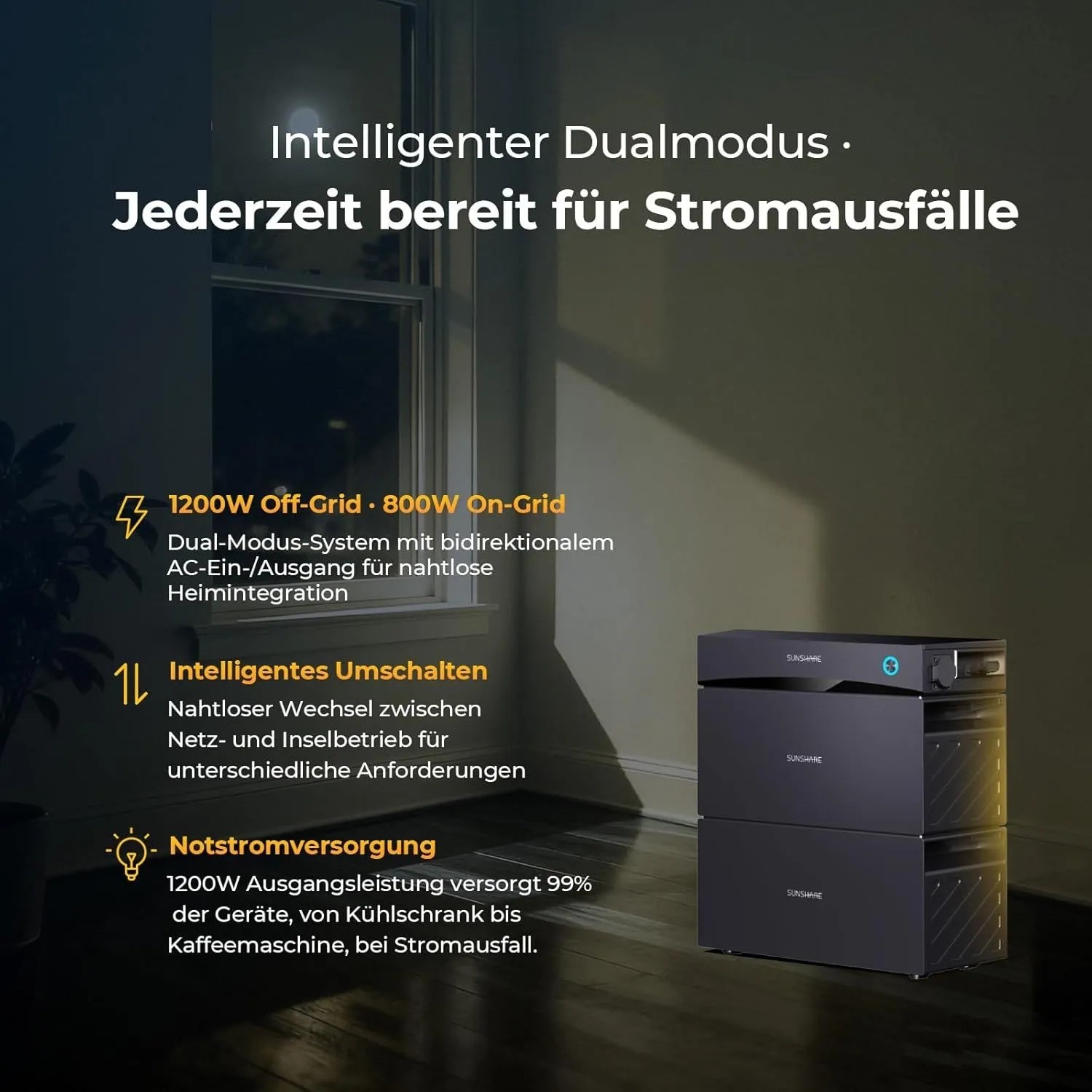 SUNSHARE Balkonkraftwerk mit Speicher, 1,5 kWh, 1200W, für netzunabhängige Stromversorgung.