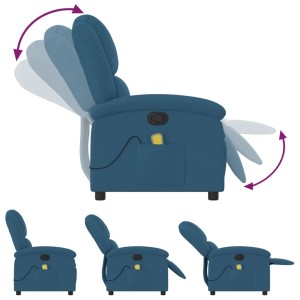 Blauer Massagesessel mit Liegefunktion aus Samt, verschiedene Positionen dargestellt.