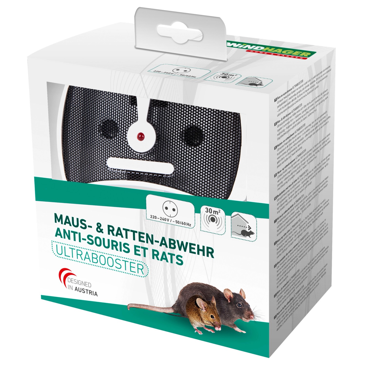 Verpackung der Windhager Maus- und Rattenabwehr Ultrabooster. Chemiefreie Schädlingsbekämpfung.