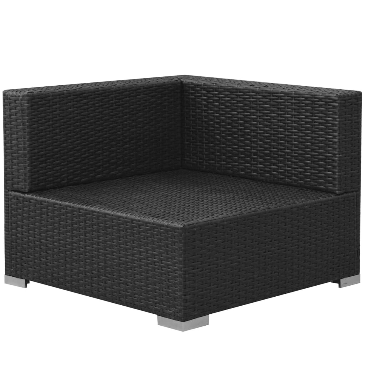 Schwarzes Ecksofa aus Polyrattan, Teil des vidaXL Garten-Lounge-Sets.