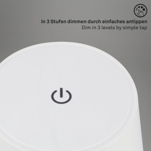 Detailaufnahme der weißen Brilo Akku-Tischleuchte mit Touchdimmer und An/Aus Symbol.