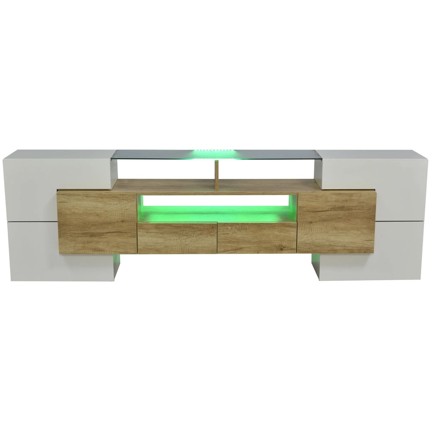 ModernLuxe TV Lowboard mit 4 Türen 2 Schubladen 2 Nischen Led Beleuchtung Eiche