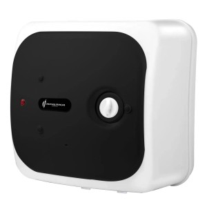 Sannover Elektro-Warmwasserspeicher ADROS 15L für Spüle, weißes Gehäuse mit schwarzer Front und Temperaturregler.