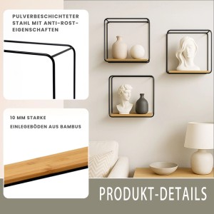 BERLINLODGE Wandregal Metall/Bambus 3er Set Schweberegal 3-Teiliges Hängeregal Würfelregal Schrankregal Wanddeko Und Ablage Schwarz/Holz