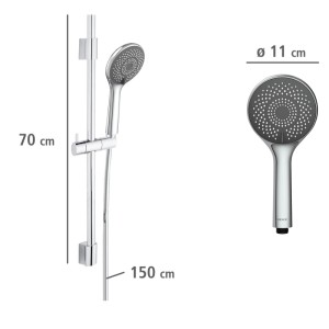 Wenko Brauseset Watersaving Chrom: Glänzende Handbrause (Ø 11 cm), 70 cm Duschstange, 150 cm Schlauch.