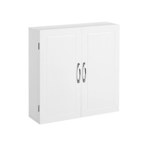Weißer Vasagle Wandschrank (60x60x18cm) mit zwei Türen und silbernen Griffen.