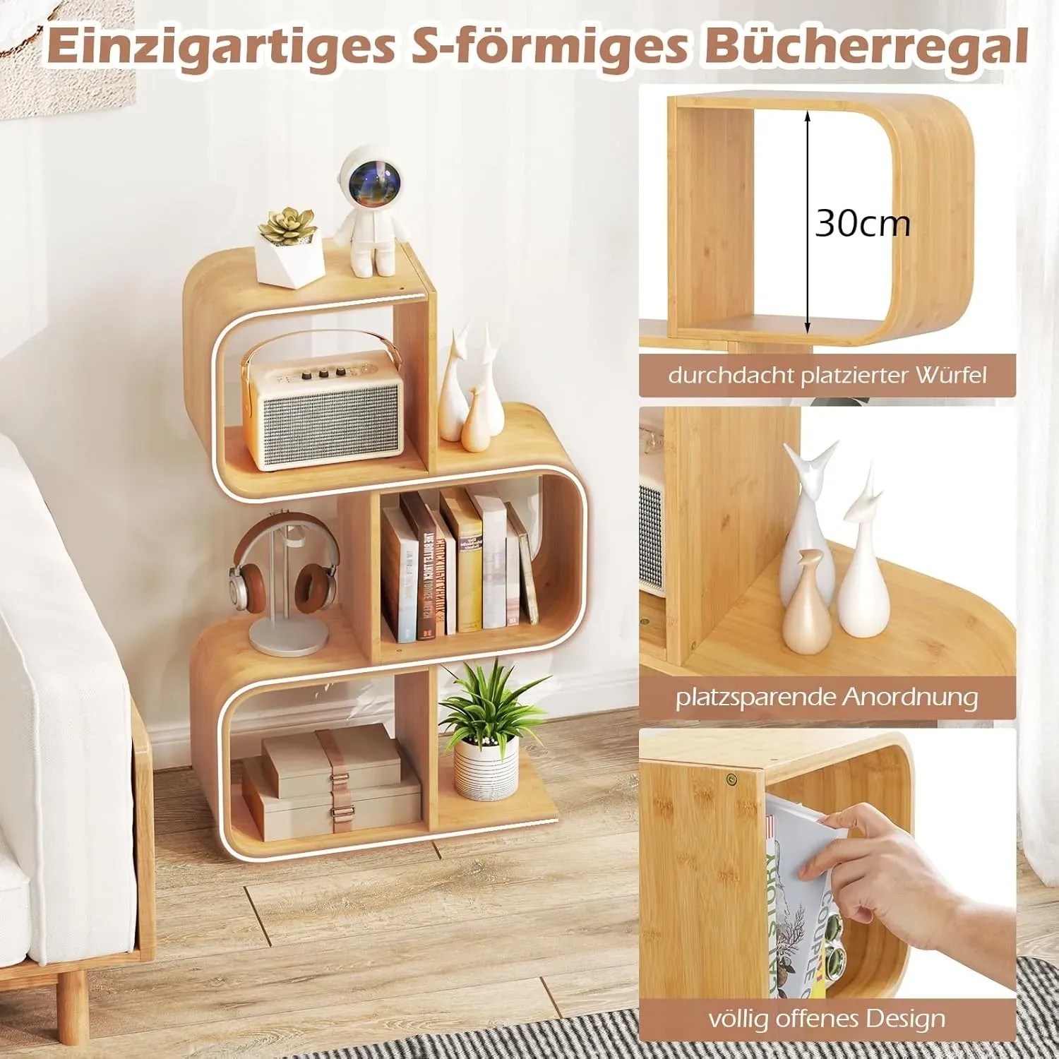 Costway S-förmiges Bücherregal aus Bambus mit 3 Etagen, gefüllt mit Deko-Objekten.