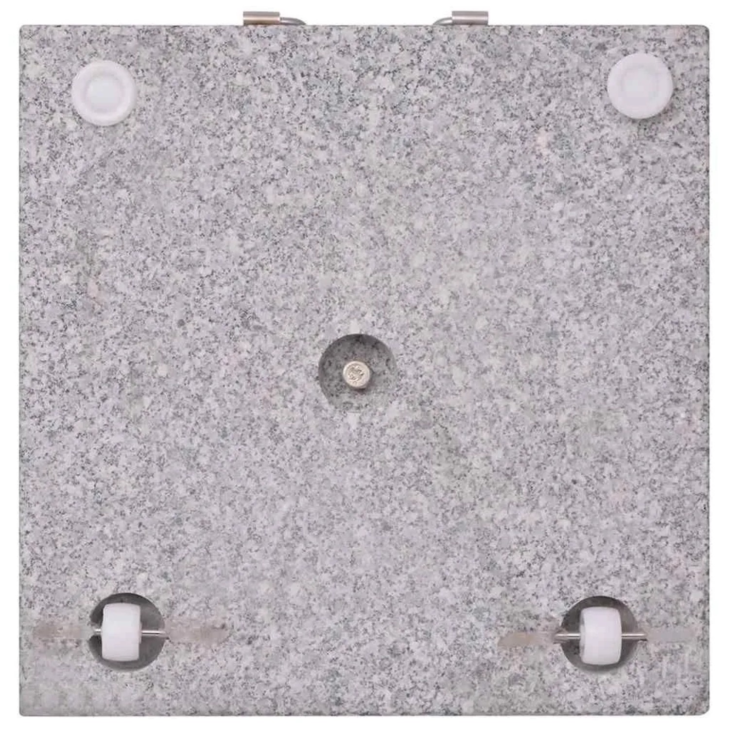Grauer quadratischer Granit Schirmständer, 45 cm, mit Rollen und Edelstahlbefestigung. Polierte Oberfläche.