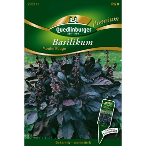 Samentüte Quedlinburger Basilikum Moulin Rouge mit rotem Basilikum.