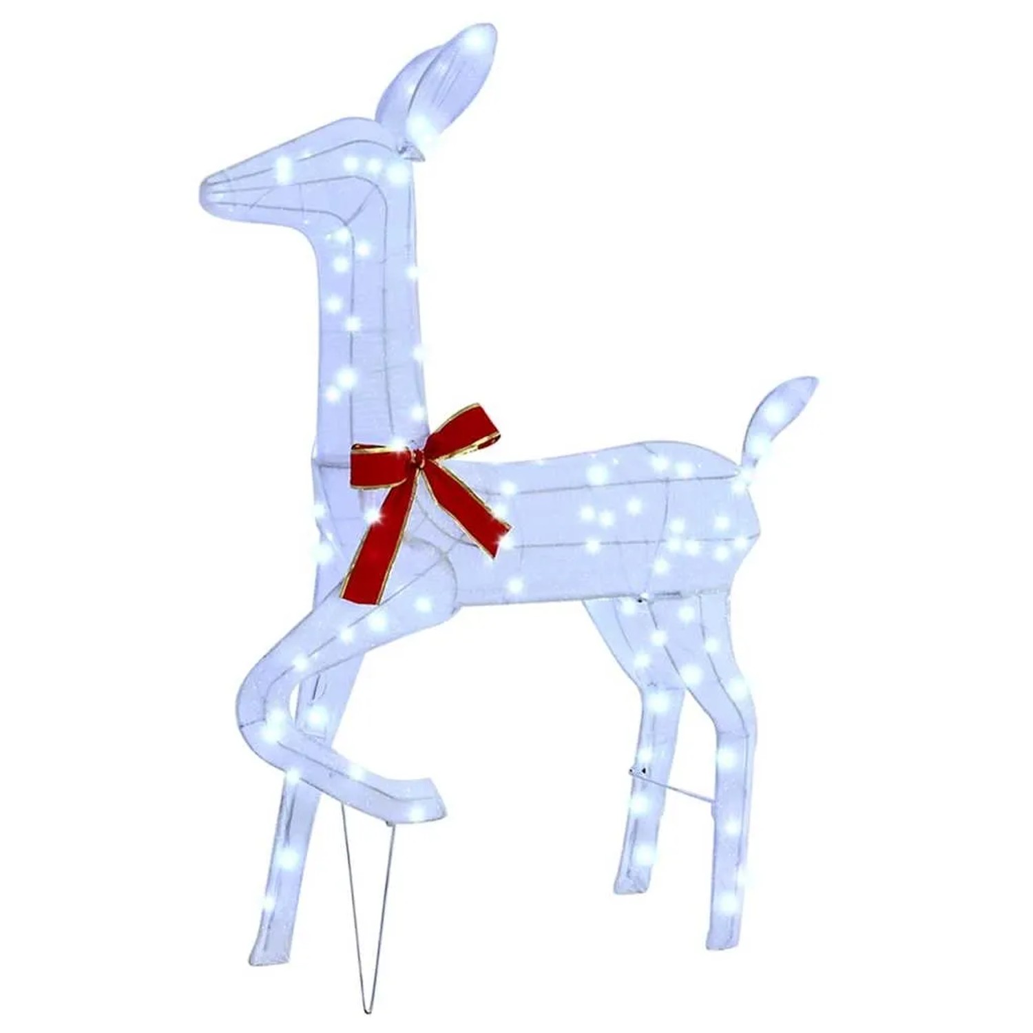 Beleuchtetes Rentier aus weißem Stoff mit roter Schleife, kaltweiße LED-Lichter, für Weihnachtsdeko drinnen & draußen.