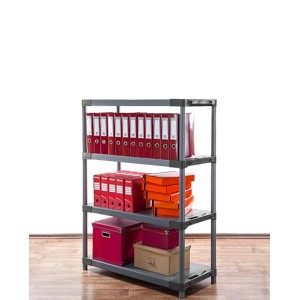 Graues PROREGAL Kunststoffregal Grey Bear mit vier Böden, beladen mit Ordnern und Boxen.