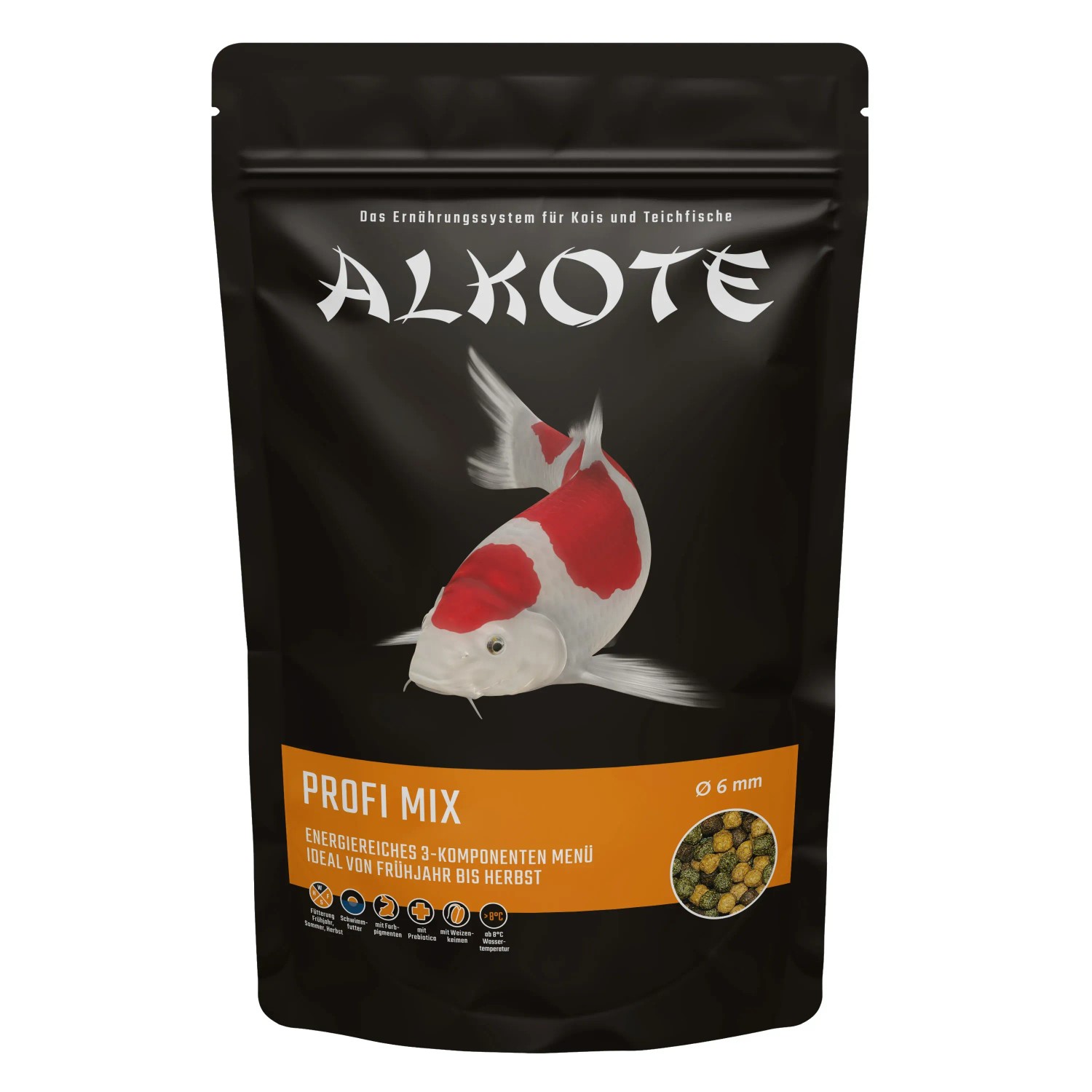 Alkote Fischfutter Profi Mix, 6mm, 500g Packung mit Koi-Motiv. Sticks & Pellets für gesunde Fische.