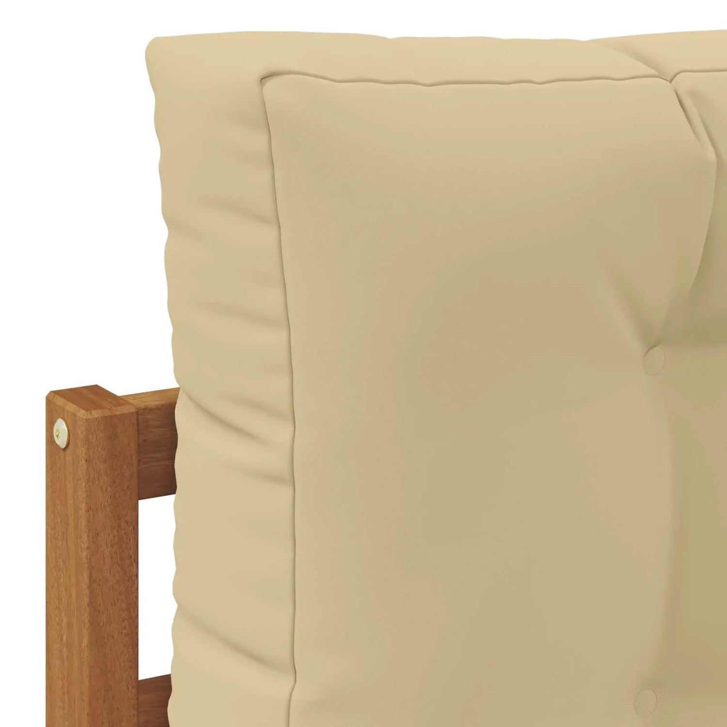 Detailaufnahme: vidaXL Outdoor Mittelsofa aus Akazienholz mit beigen Kissen.