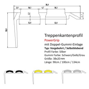 Detailzeichnung: KARAT Treppenkantenprofil Power Grip, schwarz, selbstklebend, 3,8x2x90cm, mit Maßen.