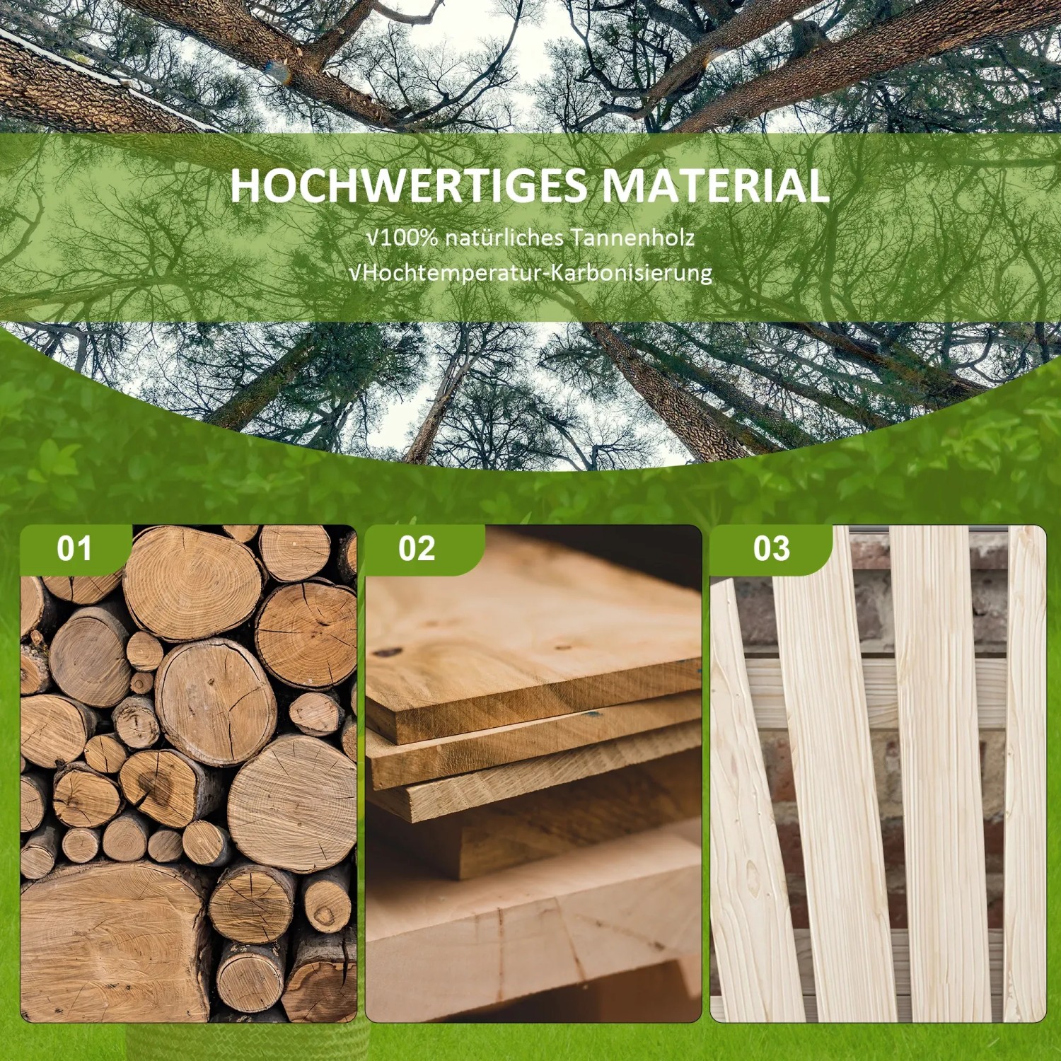 Materialdetails der Outsunny Gartenbank: Tannenholz, Holzscheite, Bretter und Latten.
