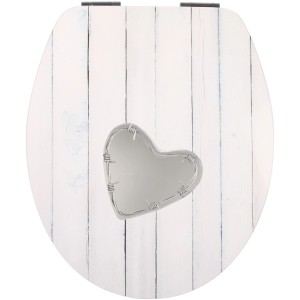 WC-Sitz Drahtliebe Dekor High-Gloss mit Absenkautomatik. Weißer Holzkern mit Herz-Motiv.