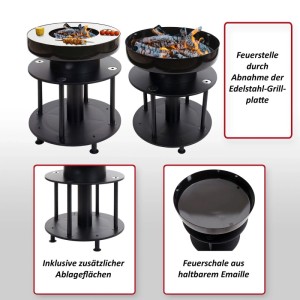 MCW Feuerschale mit Grill K95, Ø 56cm, Schwarz, mit Grillplatte und Ablageflächen.
