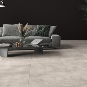 Verlegte, rektifizierte, matte, graue Bodenfliese Denver Feinsteinzeug 30x60 cm im Wohnraum.