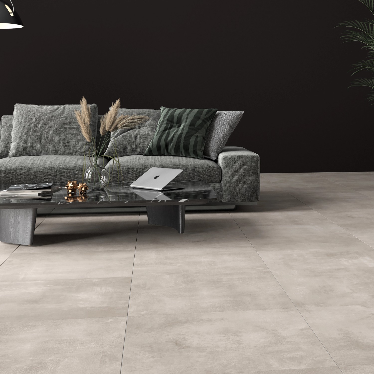Verlegte, rektifizierte, matte, graue Bodenfliese Denver Feinsteinzeug 30x60 cm im Wohnraum.
