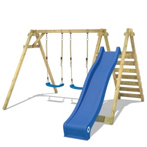 Wickey Schaukel Smart Swift mit blauer Rutsche und Leiter, Holzschaukel für den Garten.