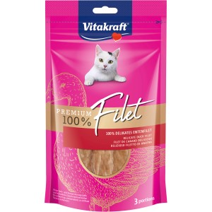 Vitakraft Premium Filet Ente, 54g. Getrockneter Hunde-Natursnack im pinken Beutel mit Katzenmotiv.