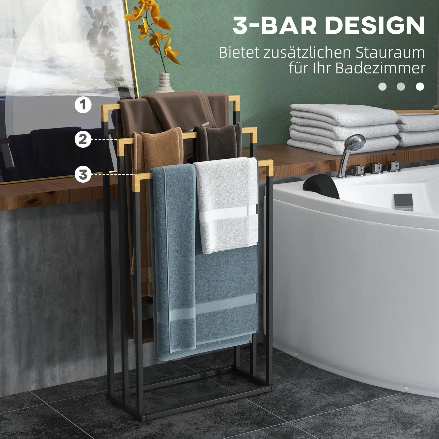Freistehender Kleankin Handtuchhalter mit 3 Stangen aus Stahl und Bambus in Schwarz.