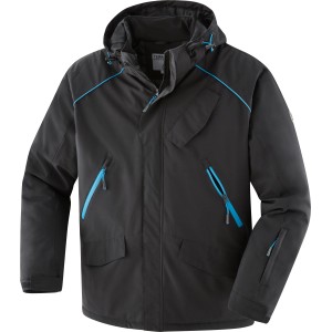 Terrax Softshell Arbeitsjacke in Schwarz-Azur, Größe S, mit Kapuze und Taschen.