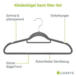 Grauer Juskys Kleiderbügel Samt, 50er Set für textile Aufbewahrung mit drehbarem Haken.