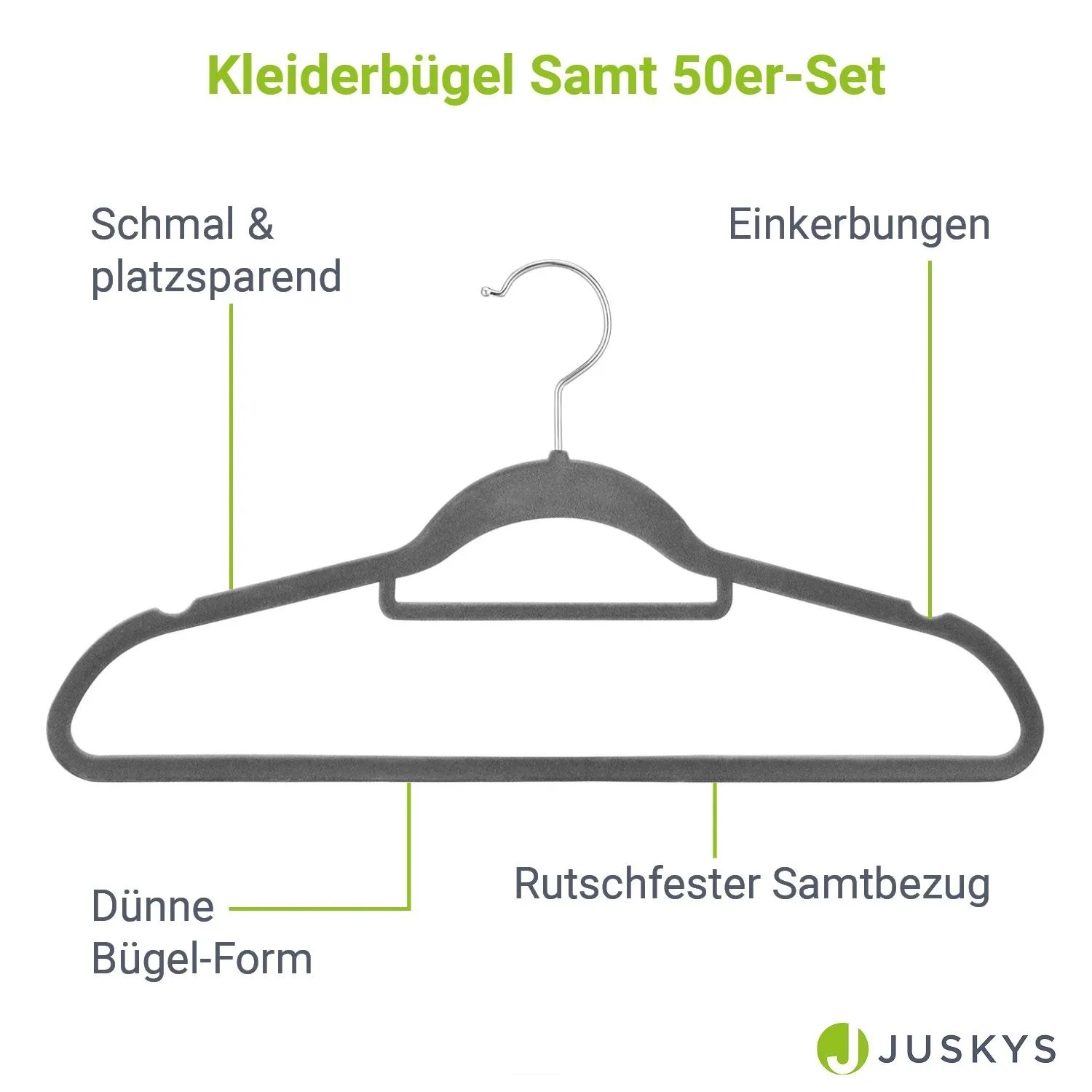 Grauer Juskys Kleiderbügel Samt, 50er Set für textile Aufbewahrung mit drehbarem Haken.