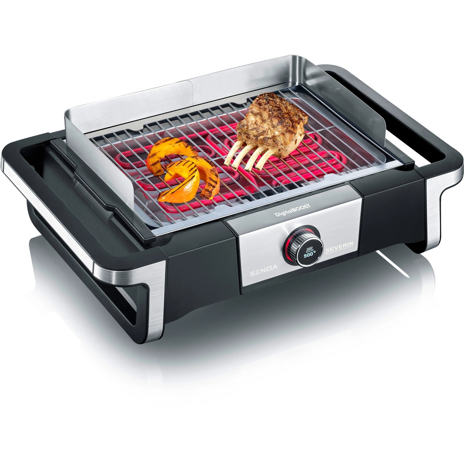 Severin Tischgrill PG 8114 SENOA DigitalBOOST mit Grillgut auf dem Rost.
