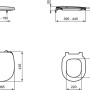 Technische Zeichnung: Ideal Standard Connect WC-Sitz mit Softclosing, weiße Ausführung, Maße und Details.
