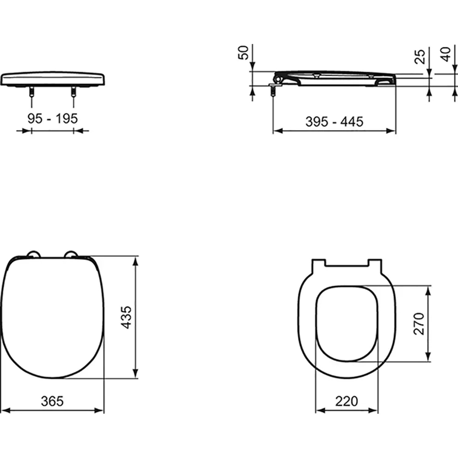 Technische Zeichnung: Ideal Standard Connect WC-Sitz mit Softclosing, weiße Ausführung, Maße und Details.