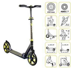 Muuwmi Tretroller Pro, New Lime: Aluminium Scooter mit 215 mm Rollen und ABEC 7 Kugellager.
