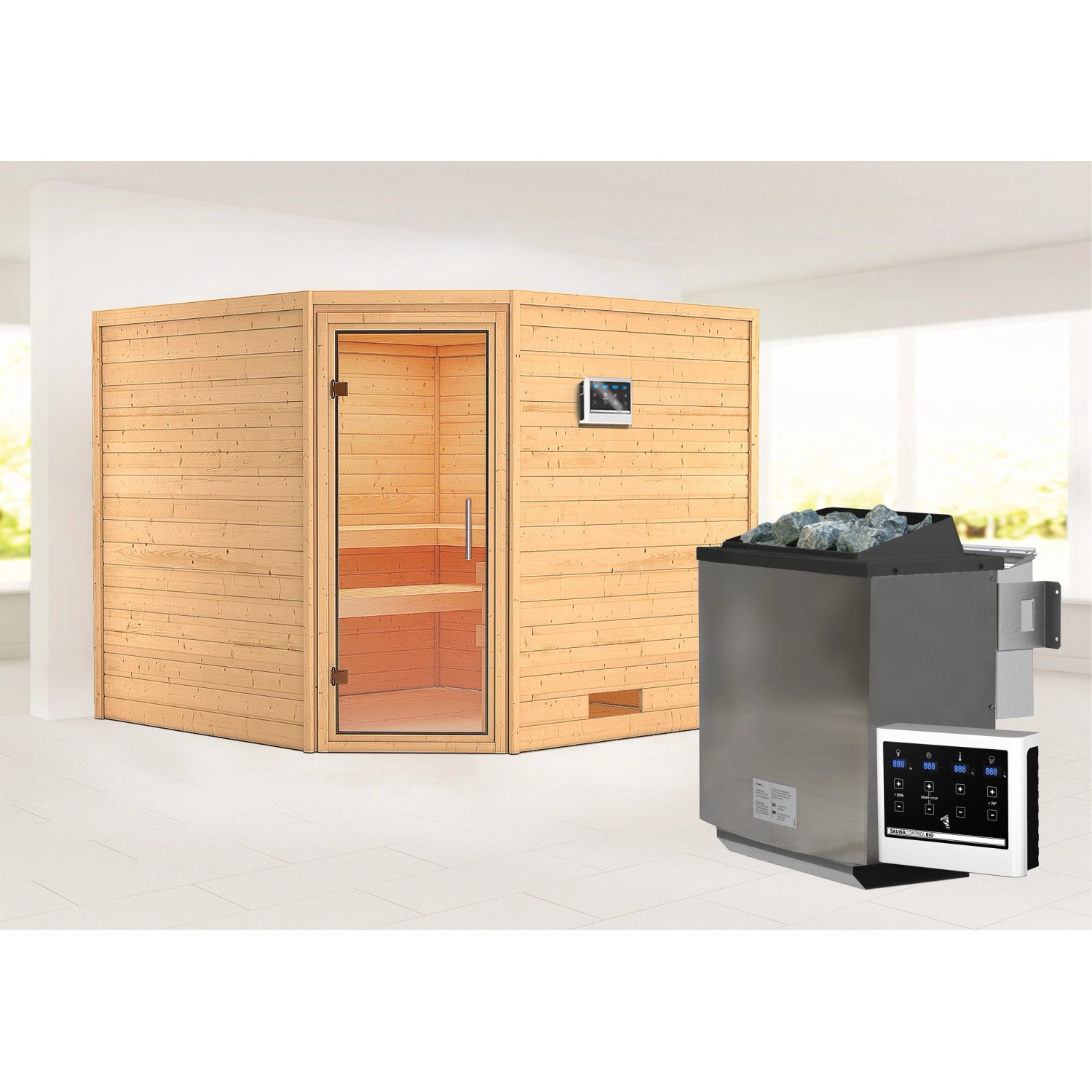 Karibu Sauna Leona 2 mit Bio-Ofen externe Stg.Easy Natur