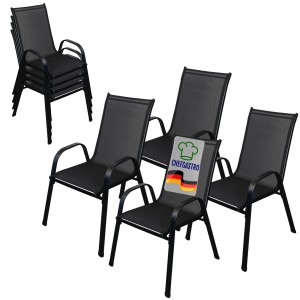 CHEFGASTRO Stapelstuhl 4er Set, schwarze Gartenstühle mit Armlehnen und hoher Rückenlehne.
