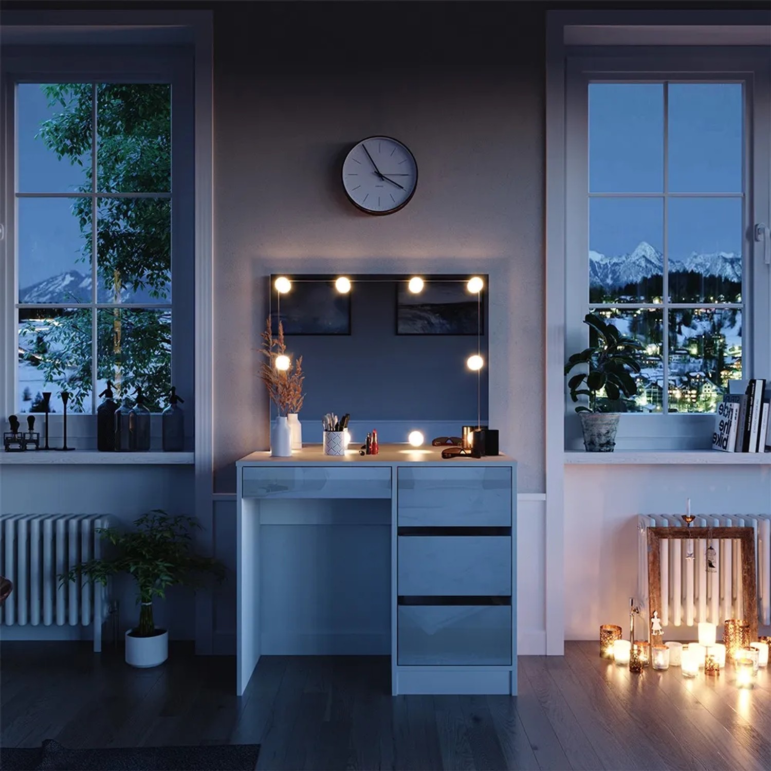 Weißer Vicco Schminktisch Sherry (90 cm) mit LED-Beleuchtung im Schlafzimmer.
