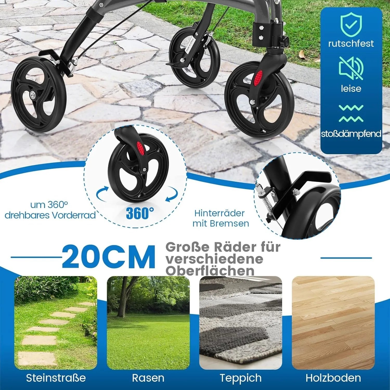 Costway Rollator Schmal Faltbar Gehhilfe 6-Fach Höhenverstellbar Grau_4