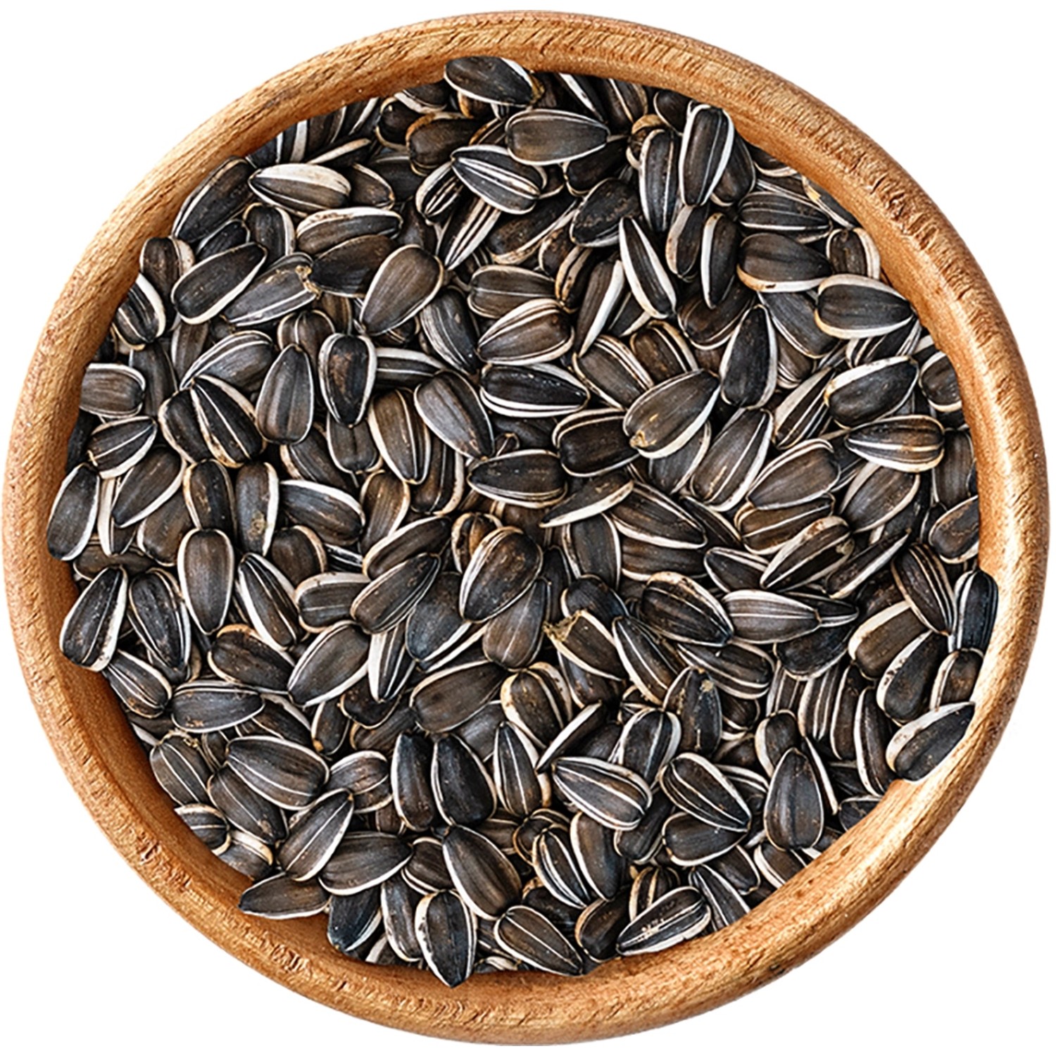 Elles Sonnenblumenkerne, 1 kg Wildvogelfutter in Holzschale, Nahaufnahme.