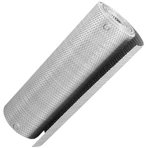 Gerollter, weißer NYVI Balkon Sichtschutz aus Polyrattan mit Metallösen.