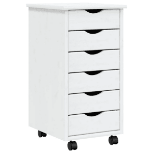 Weißer vidaXL Rollschrank MOSS mit 6 Schubladen aus Kiefernholz.