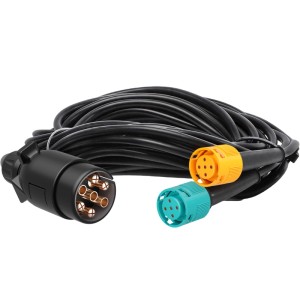 Schwarzes 7-poliges Anhängerkabel, 5m lang, mit 7-Pin Stecker und zwei 5-Pin Steckern (gelb, türkis) für Pkw-Rückleuchten.