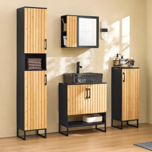 SoBuy Badmöbel-Set mit Waschbeckenunterschrank, Hochschrank und Spiegelschrank, Bambus-Optik.