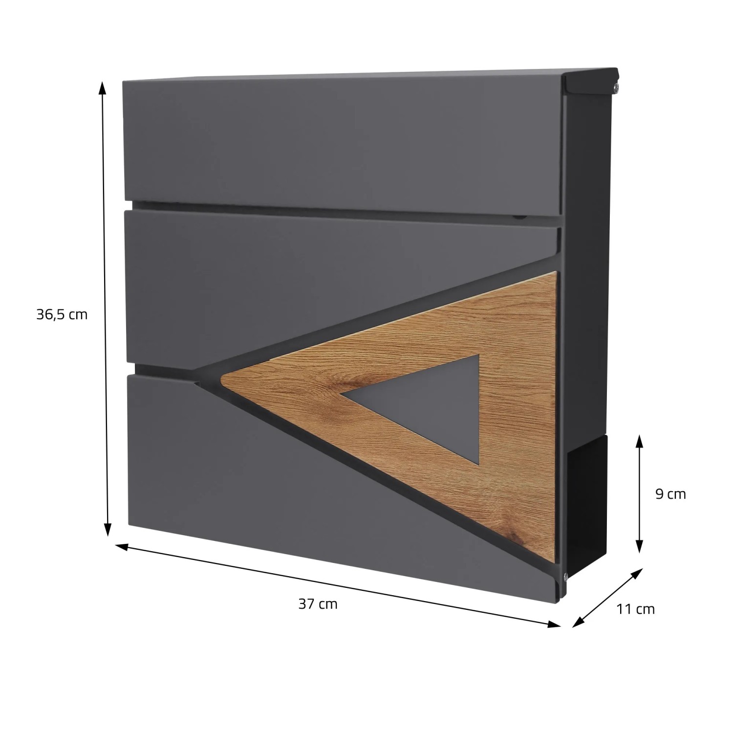 Moderner ML-Design Standbriefkasten in Anthrazit mit Holzoptik und Zeitungsfach.