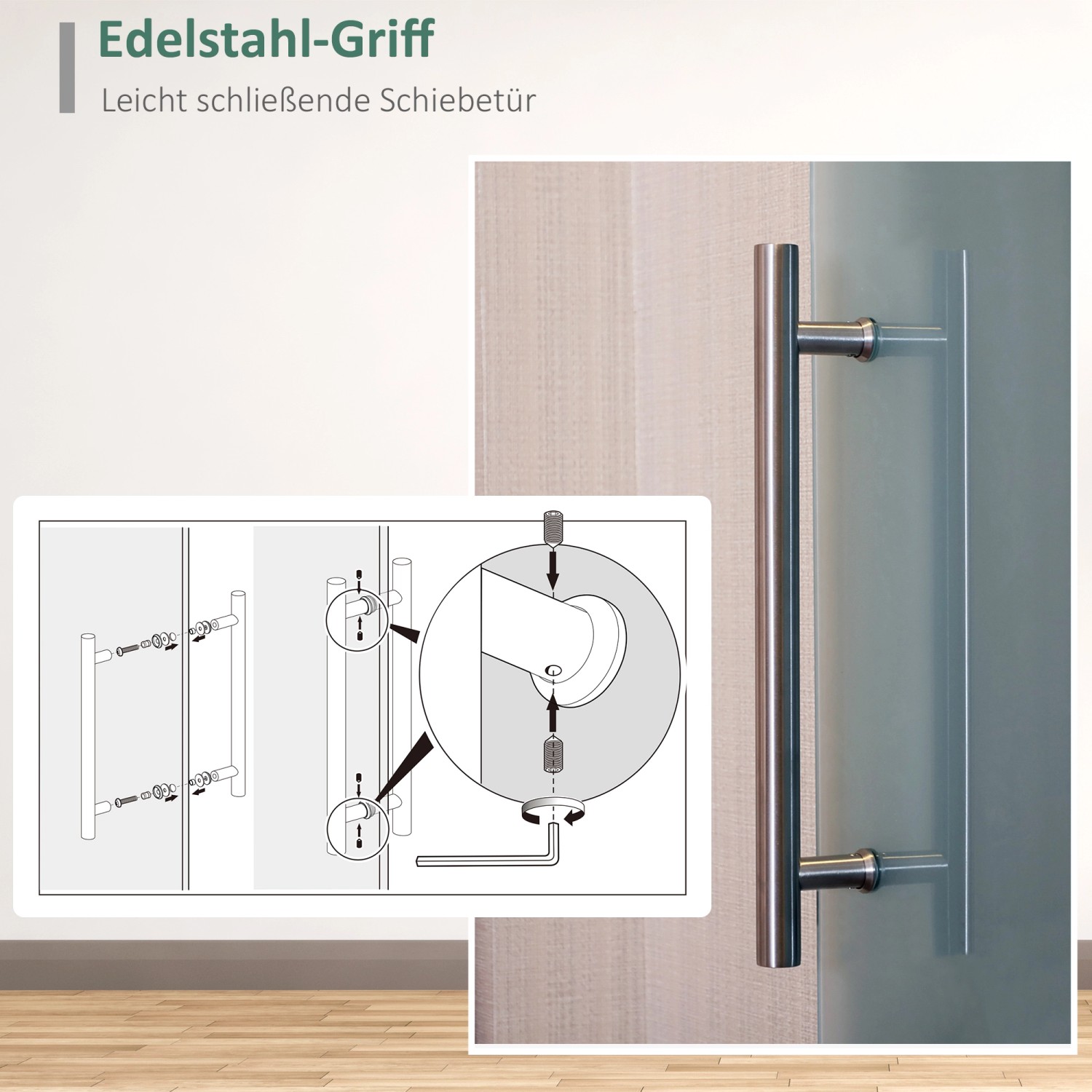 HOMCOM Glasschiebetür satiniert mit Griffstange und Montageanleitung.