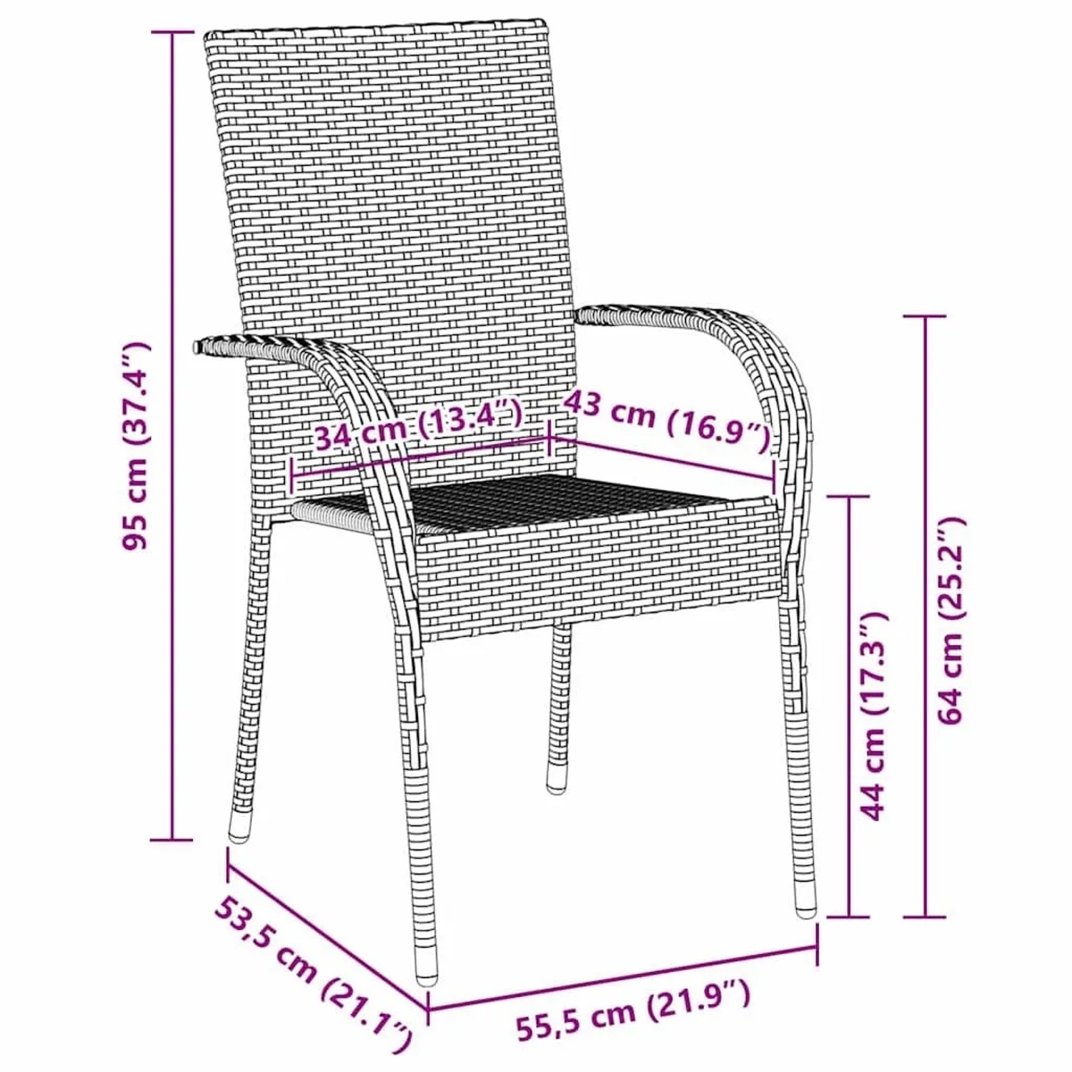 Grauer vidaXL Poly Rattan Gartenstuhl mit Armlehnen und Maßen. Teil der Garten Essgruppe.