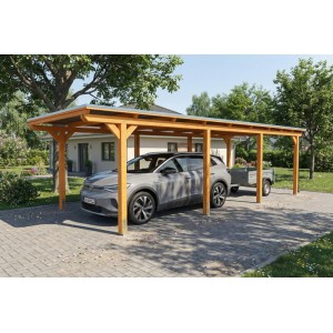 Skan Holz Carport Emsland aus hellem Leimholz mit EPDM-Flachdach. Ein Auto und Anhänger stehen auf der Einfahrt darunter.