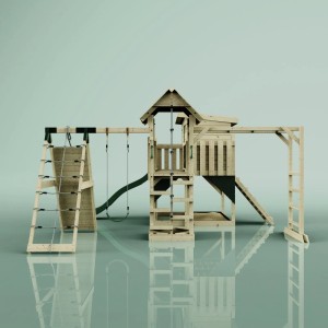 Dunkelgrüner OutdoorToys Spielturm Bene mit Schaukel, Kletterwand, Rutsche und Brücke.