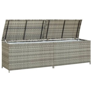 Graue furnicato Gartenbox aus Poly Rattan, 200x50x60 cm, mit geöffnetem Deckel.