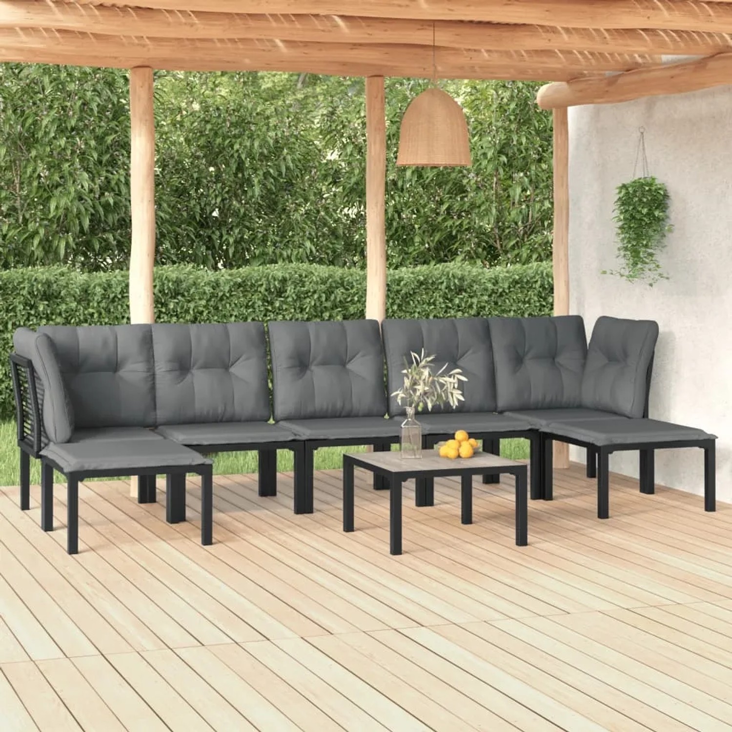vidaXL Garten-Lounge-Set, 8-teilig, schwarz/grau. Poly Rattan Gartenmöbel mit Tisch und Kissen.